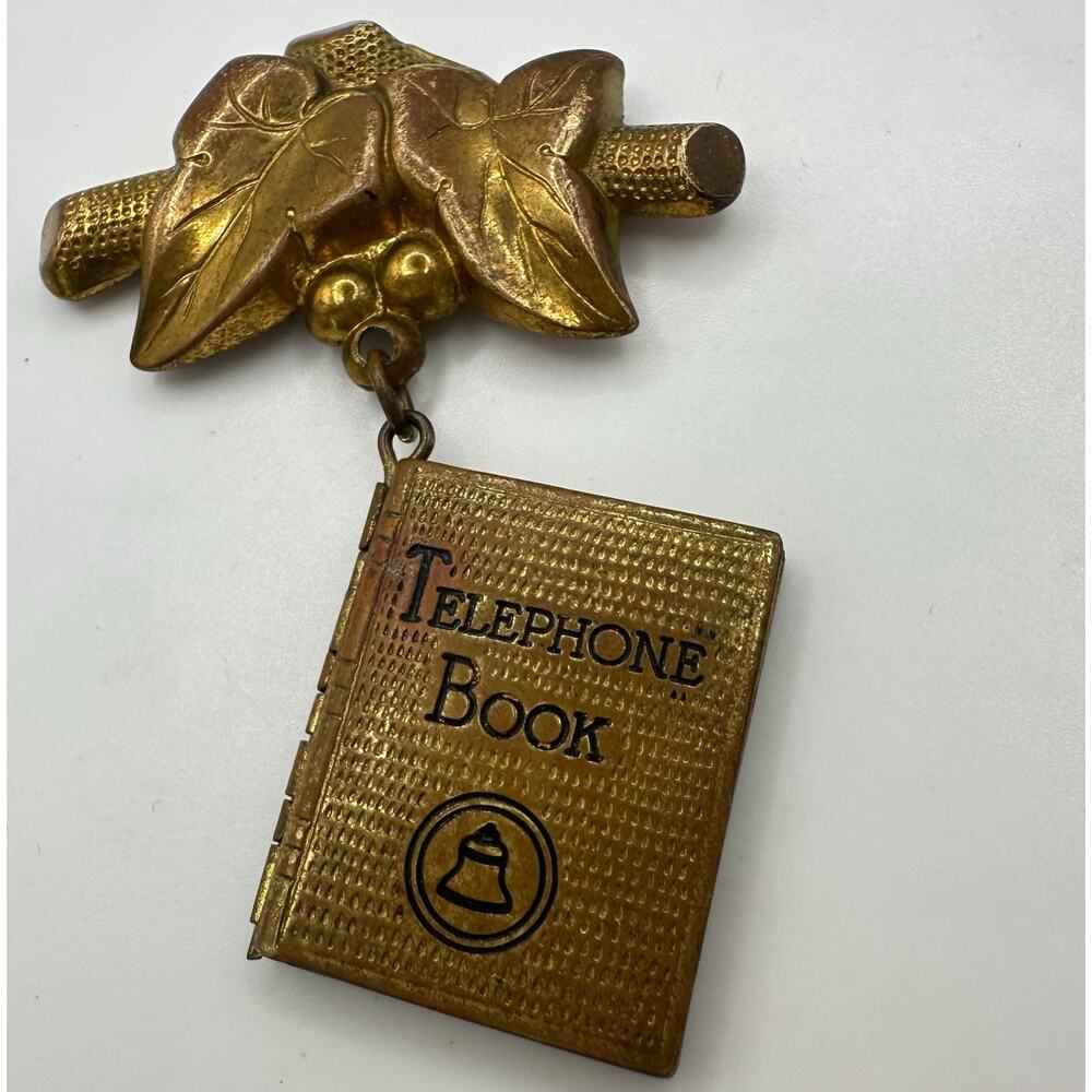 Rare 1920s Art Deco antique AT&T Telephone Numbers miniature book pendant brooch